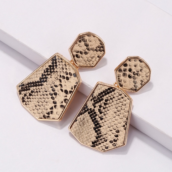 Snakeskin Leather Geometric Gold Earring - Picture 1 of 8